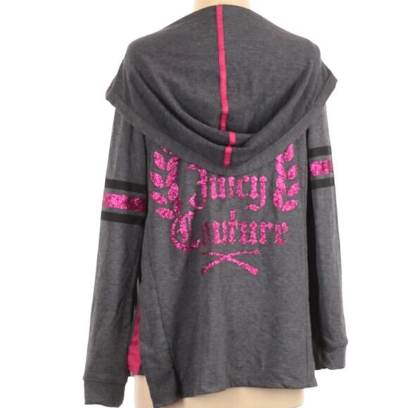 Juicy Couture Graphic Gray & Pink Glitter Athleisure Zip Up Hoodie Y2k Vibes - Picture 1 of 11